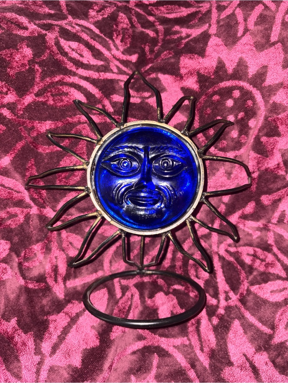 Vintage Blue Cobalt Glass Wrought Iron Candle Holder Celestial Moon
Star Sun Sky
